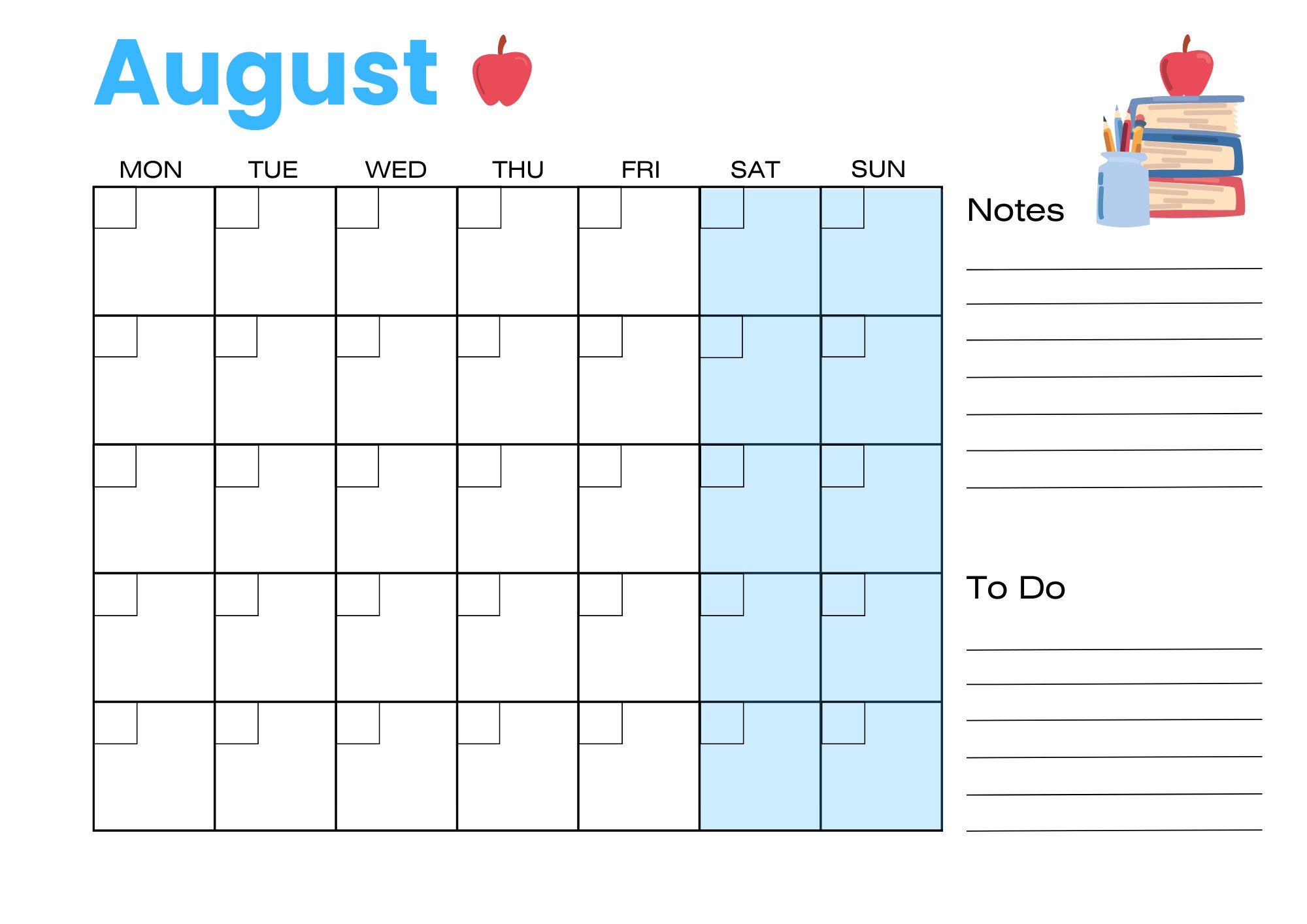 Printable Blank Calendar, Fillable Planner, Monthly Organiser, Digital ...