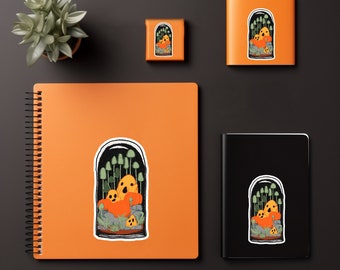 Halloween Terrarium Sticker, Original Artwork, Pumpkin Sheet Ghosts