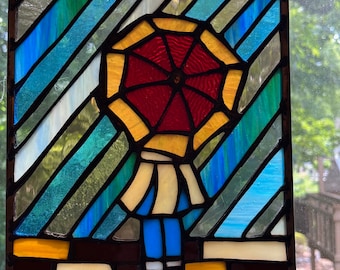 Panneau de vitrail Rainy Day Umbrella Girl