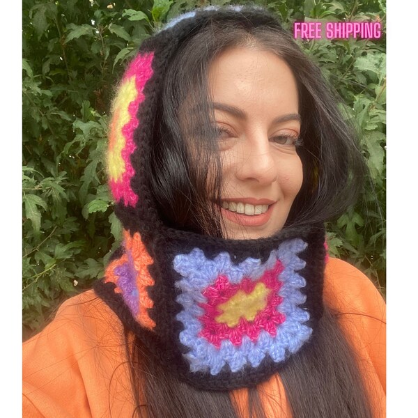 GREEN & RAINBOW GLITTERY BROWN MOHAIR & MERINO PIERCING BALACLAVA