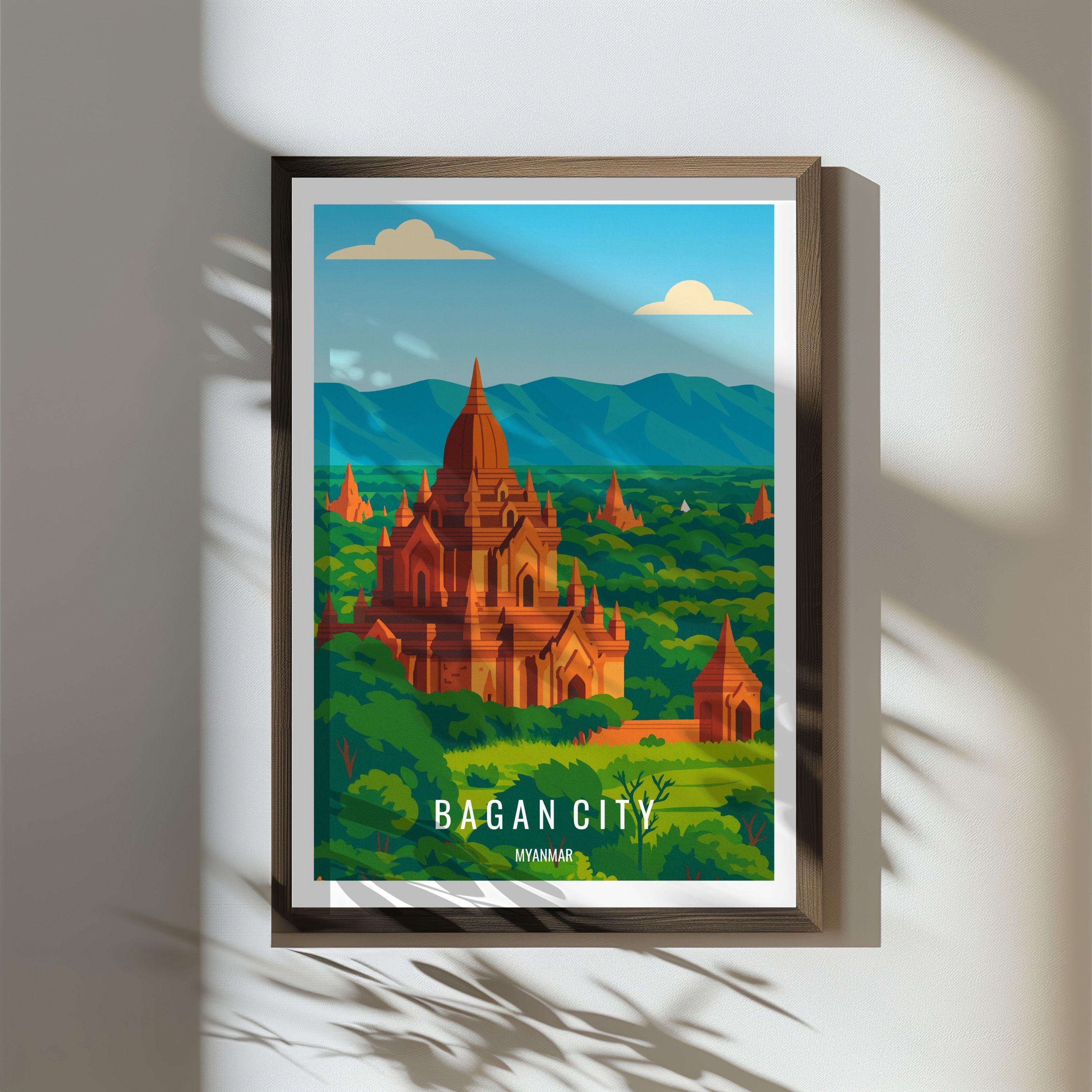 Bagan City Travel Poster Bagan City Print Wall Art Myanmar Illustration ...