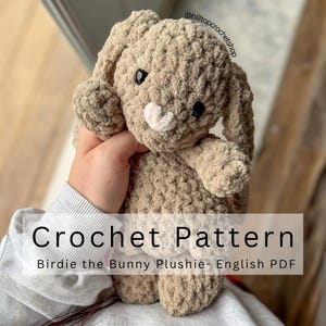 May include: A crocheted plush bunny in shades of tan and beige. The bunny has long ears, black eyes, and a white nose. The text "Crochet Pattern" and "Birdie the Bunny Plushie- English PDF" are displayed on the image.