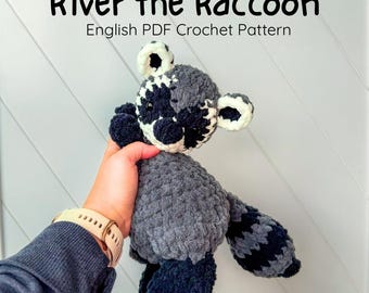 Crochet Pattern - River the Raccoon Snuggler or Plushie - Amigurumi Racoon PDF - Woodland Animal Crochet Pattern - Eye Embroidery