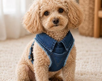 May include: A light brown curly-haired dog wearing a dark blue denim harness with a folded collar and frayed edges. The harness features a V-shaped front panel, a metal buckle adjustment on the side, and a structured design that fits around the torso.