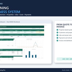 May include: A digital cleaning business system dashboard displayed on a screen. The interface features dark green headers, data tables, and line and bar charts. A side panel lists features from quote to invoice with checkmarks and currency options.