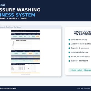May include: A digital dashboard for a pressure washing business system titled SmallForge Pressure Wash Pro. The interface displays financial data, revenue, and profit charts. A side panel lists features including profit-aware pricing, customer-ready quotes, deposits, payments, invoices, balances, job profitability, and a business dashboard. The file format is Excel (.xlsx) with no macros.
