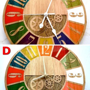 May include: A colorful wooden clock with Roman numeral hour markers and a gear design. The clock face is divided into 12 sections, each painted a different color. The clock hands are white.