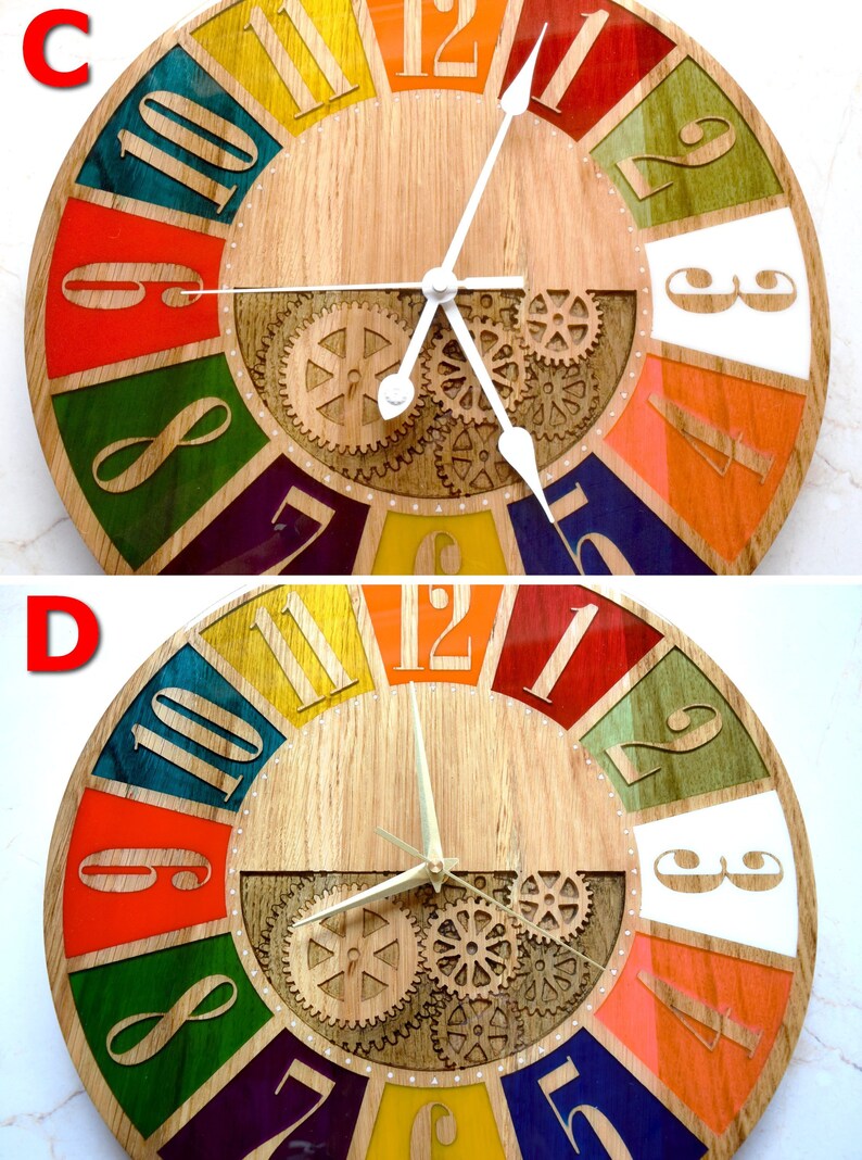May include: A colorful wooden clock with Roman numeral hour markers and a gear design. The clock face is divided into 12 sections, each painted a different color. The clock hands are white.