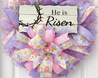 He Is Risen Easter Wreath | Handmade Deco Mesh, Floral Ribbon