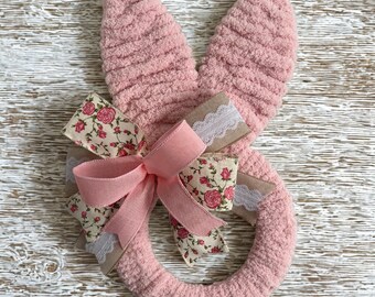 Pink Yarn Bunny Ears Door Hanger | Farmhouse Spring Easter Decor