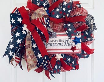 Couronne de maille patriotique déco, couronne de Dieu verse sa grâce sur toi, accroche-porte drapeau américain, décor du 4 juillet, couronne des Etats-Unis