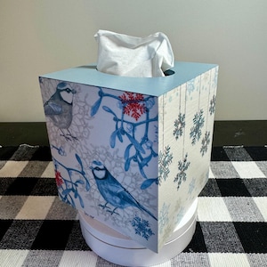 Winter Bird Tissue Box Cover | Snowbird & Snowflake Design | Rustic Winter Home Decor