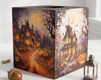 Haunted House Halloween Tissue Box Cover, Spooky Gothic Wooden Tissue Holder, Halloween Home Decor, Haunted House Decor