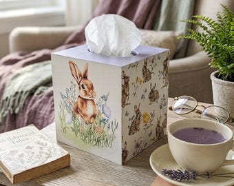 Purple Bunny Tissue Box Cover, Spring Meadow Nursery Decor, Gift for mom