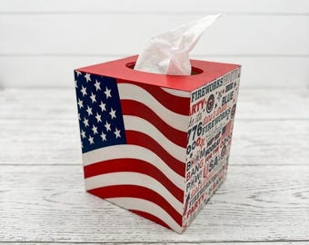 Handcrafted Patriotic Wooden Tissue Box Cover, America 250th Anniversary Flag Decor