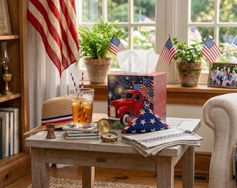 Patriotic Red Truck Tissue Box Cover, Rustic Farmhouse Americana Decor