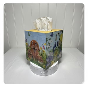Bunny Wooden Tissue Box Cover – Spring Flowers, Bunnies & Easter Eggs – Farmhouse Easter Decor