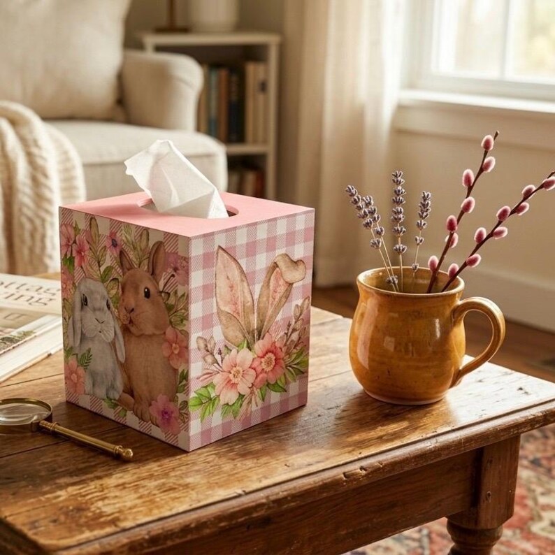 May include: A decorative tissue box with a pink gingham pattern and floral and bunny illustrations. The box is made of wood and sits on a wooden table. A ceramic mug with flowers is next to the tissue box.
