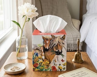 Hand-Decoupaged Wood Tissue Box Cover, Mother Colt Horse Wildflower Meadow Decor