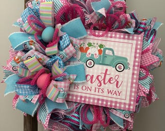 Handmade Easter Deco Mesh Wreath | Bunny & Truck Sign
