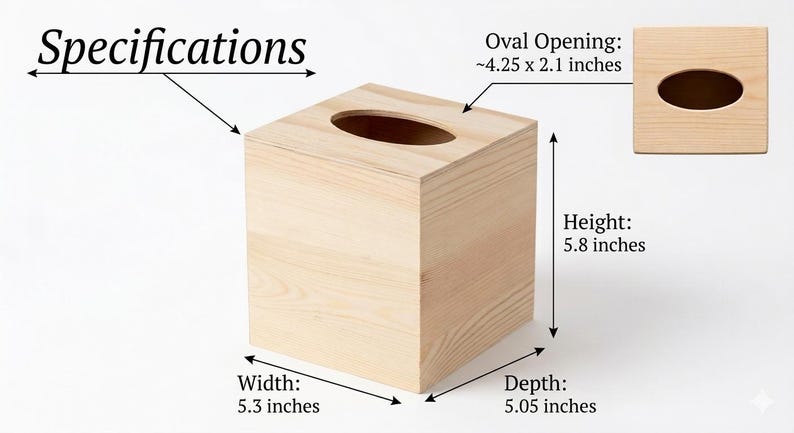 May include: A light-colored wooden tissue box with an oval opening on top. The box is cube-shaped, with dimensions of 5.3 inches wide, 5.05 inches deep, and 5.8 inches high. The oval opening is approximately 4.25 x 2.1 inches. The word "Specifications" is written above the box.