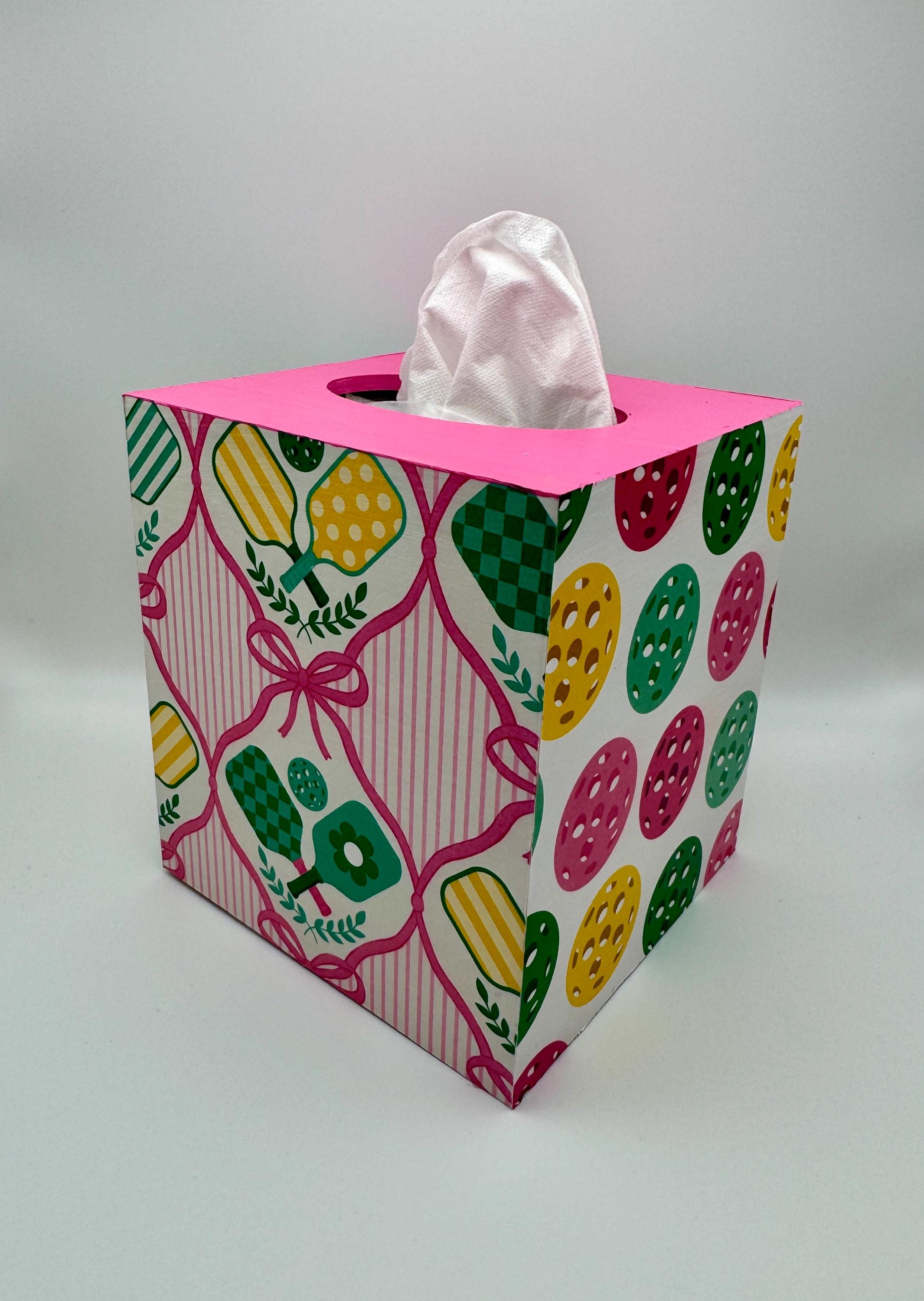 Pickleball Tissue Box Cover, Wooden Tissue Holder, Pink Green Pickleball Decor, Pickleball Gift for Her, Sports Room Decor
