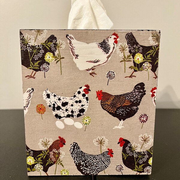 Country Chickens Wood Tissue Box Cover - Rustic Farmhouse and Barnyard Decor