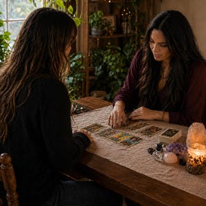 May include: A deck of tarot cards laid out on a beige linen cloth on a wooden table. The cards feature intricate, colorful illustrations. Beside the cards are several polished crystals, a small stack of cards, and a lit candle in a glass jar.