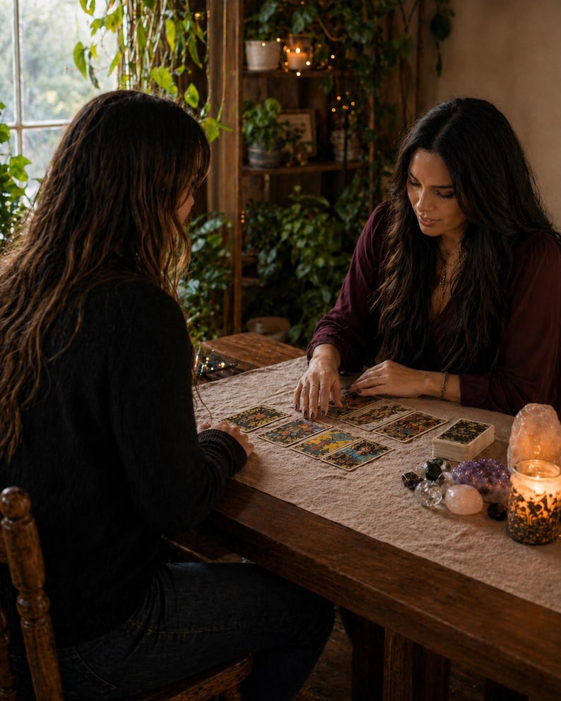 May include: A deck of tarot cards laid out on a beige linen cloth on a wooden table. The cards feature intricate, colorful illustrations. Beside the cards are several polished crystals, a small stack of cards, and a lit candle in a glass jar.