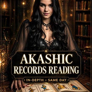 Puede incluir: Imagen promocionando una Lectura de Registros Akáshicos. Se muestra a una mujer con cabello negro largo y vestimenta negra. El texto "AKASHIC RECORDS READING" se muestra prominentemente, con "IN-DEPTH • SAME DAY" debajo.