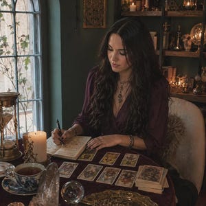 May include: A dark purple long-sleeved wrap top with a V-neckline, worn with a silver pendant necklace and beaded bracelets. The garment features a deep plum hue and a soft, draped fabric texture, providing a classic and versatile appearance.