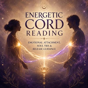 Könnte beinhalten: Eine digitale Grafik mit dem Titel ENERGETIC CORD READING, EMOTIONAL ATTACHMENT, SOUL TIES & RELEASE GUIDANCE. Sie zeigt zwei Figuren, die sich gegenüberstehen, mit leuchtendem Licht aus ihren Brustbereichen, verbunden durch wirbelnde violette und goldene Energiekordeln.