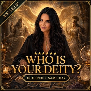 Peut inclure: Illustration numérique avec une femme aux cheveux noirs et des bijoux, avec le texte doré "WHO IS YOUR DEITY ?". L'image comprend les mots "IN DEPTH • SAME DAY" et "BEST SELLER". L'arrière-plan représente des figures mythologiques.