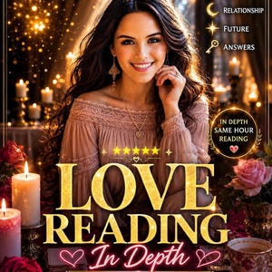 May include: A digital graphic for a love reading service featuring a smiling person in a mauve off-the-shoulder top. Text includes LOVE, RELATIONSHIP, FUTURE, ANSWERS, IN DEPTH SAME HOUR READING, LOVE READING In Depth, and DETAILED & SAME DAY.