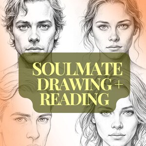 Puede incluir: Una ilustración digital de cuatro caras, dos masculinas y dos femeninas, dibujadas en lápiz blanco y negro. La imagen se titula "Soulmate Drawing + Reading".
