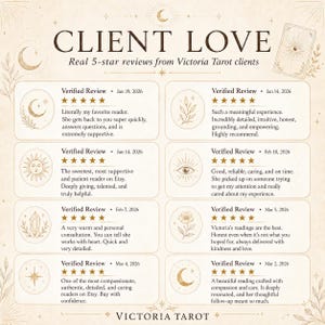 May include: A beige graphic display titled CLIENT LOVE featuring eight verified 5-star reviews for Victoria Tarot. Each review includes a date, five gold stars, and a unique line-art icon such as a moon, sun, crystal, or flower, with text.
