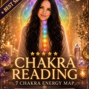 Puede incluir: Un gráfico digital que muestra a una persona con cabello largo y oscuro, una alineación vertical de siete símbolos de chakras coloridos y texto dorado que dice CHAKRA READING, 7 CHAKRA ENERGY MAP, IN DEPTH, SAME HOUR y BEST SELLER.