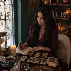 May include: A dark purple long-sleeve wrap top worn with a layered necklace and bracelets. The attire is paired with a journal, a brass hourglass, a white candle, a teacup, a crystal ball, a stack of tarot cards, and a gold tray on a table.