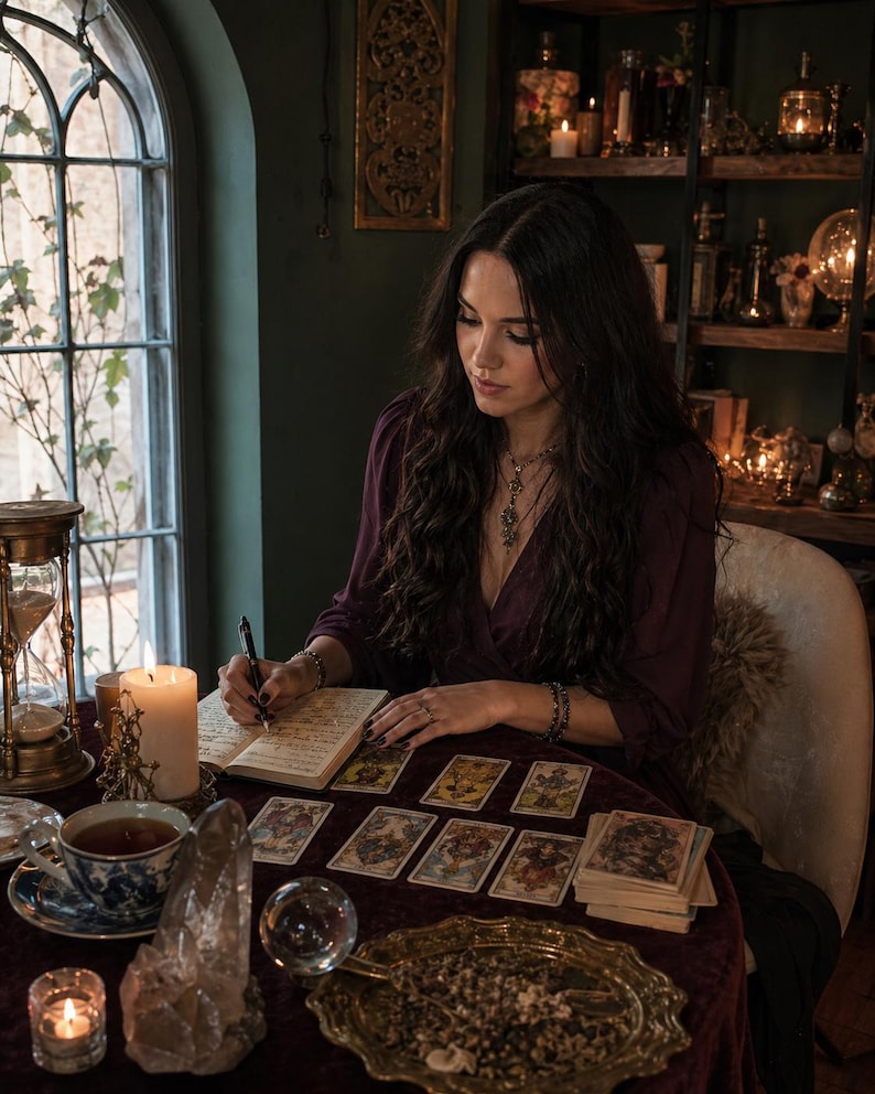May include: A dark purple long-sleeve wrap top worn with a layered necklace and bracelets. The attire is paired with a journal, a brass hourglass, a white candle, a teacup, a crystal ball, a stack of tarot cards, and a gold tray on a table.