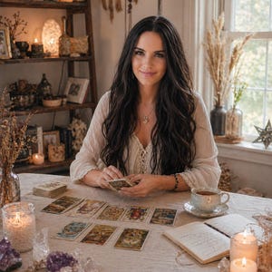 May include: A set of tarot cards laid out on a beige linen tablecloth, featuring intricate illustrations. Beside the cards are a ceramic teacup on a saucer, an open notebook with handwritten text, two lit pillar candles, and several raw amethyst crystals.