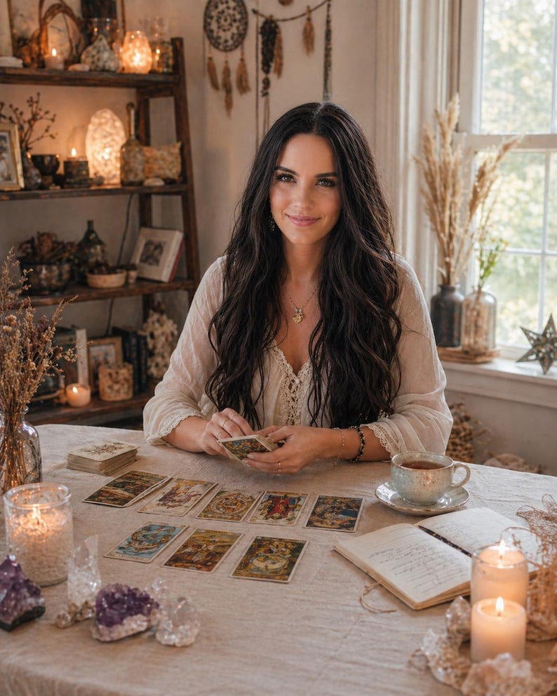 May include: A set of tarot cards laid out on a beige linen tablecloth, featuring intricate illustrations. Beside the cards are a ceramic teacup on a saucer, an open notebook with handwritten text, two lit pillar candles, and several raw amethyst crystals.