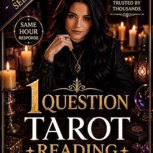 May include: A digital advertisement for a 1 Question Tarot Reading featuring a person with long dark hair wearing a black lace top. The text reads BEST SELLER, SAME HOUR RESPONSE, TRUSTED BY THOUSANDS, and 1 QUESTION TAROT READING. Candles and a crystal ball are visible.