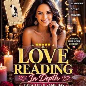 Puede incluir: Una imagen que promociona lecturas de amor, con una mujer sonriente de pelo castaño largo. El texto "LOVE READING In Depth DETAILED & SAME DAY" es prominente. También son visibles cartas del tarot, velas y rosas, junto con el texto "THE LOVERS".