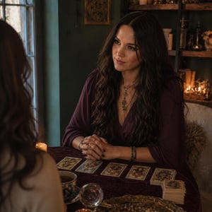 May include: A person with long dark wavy hair wearing a deep purple wrap-style top and a layered pendant necklace. The person sits at a table covered in a dark red velvet cloth, featuring a spread of tarot cards, a crystal ball, and a gold tray.