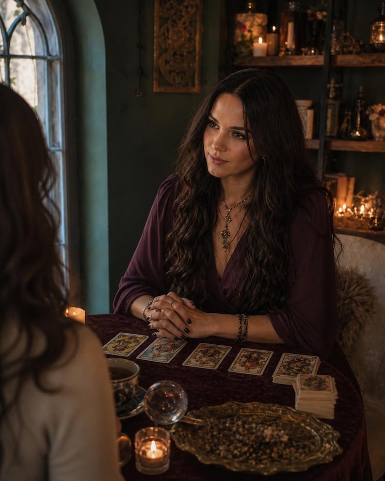 May include: A person with long dark wavy hair wearing a deep purple wrap-style top and a layered pendant necklace. The person sits at a table covered in a dark red velvet cloth, featuring a spread of tarot cards, a crystal ball, and a gold tray.