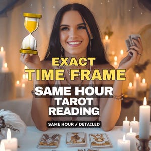 Pode incluir: Imagem que promove leituras de tarot. O texto diz "EXACT TIME FRAME SAME HOUR TAROT READING SAME HOUR / DETAILED". Uma ampulheta e cartas de tarot são visíveis. A imagem tem uma paleta de cores quentes com velas acesas.