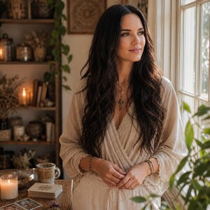 May include: A beige long-sleeved wrap top featuring delicate lace trim along the V-neckline and cuffs. The garment is made of a textured fabric and is worn with matching beige trousers. The top has a relaxed fit with wide sleeves and a cinched waist.