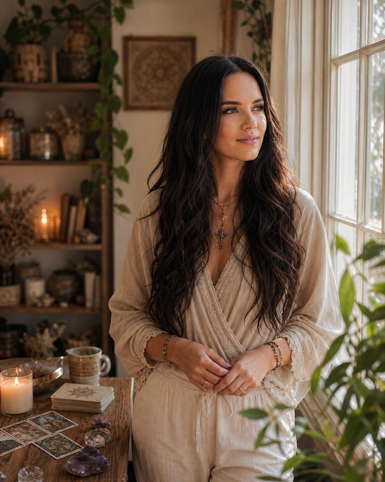 May include: A beige long-sleeved wrap top featuring delicate lace trim along the V-neckline and cuffs. The garment is made of a textured fabric and is worn with matching beige trousers. The top has a relaxed fit with wide sleeves and a cinched waist.