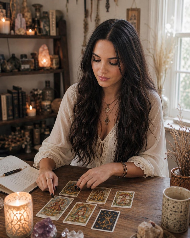 May include: A set of rectangular tarot cards featuring intricate illustrations and gold-toned borders, laid out on a wooden surface. The cards display various figures and symbolic imagery, with one card showing a dark back design with a gold star pattern.