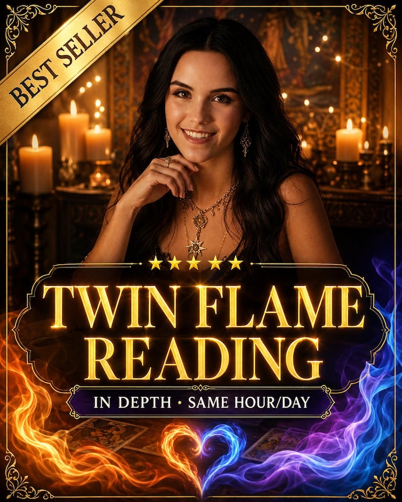 May include: A digital graphic for a Twin Flame Reading service featuring a smiling person, gold text reading "BEST SELLER" and "TWIN FLAME READING IN DEPTH SAME HOUR/DAY", five gold stars, and swirling orange and blue flames forming a heart shape.